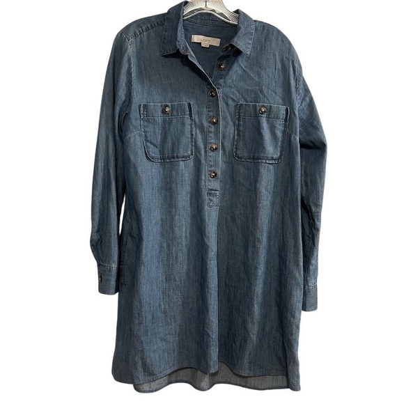Ann Taylor LOFT Women's M Blue Denim Long Sleeve Tunic Dress Short Side Pockets - Picture 10 of 16